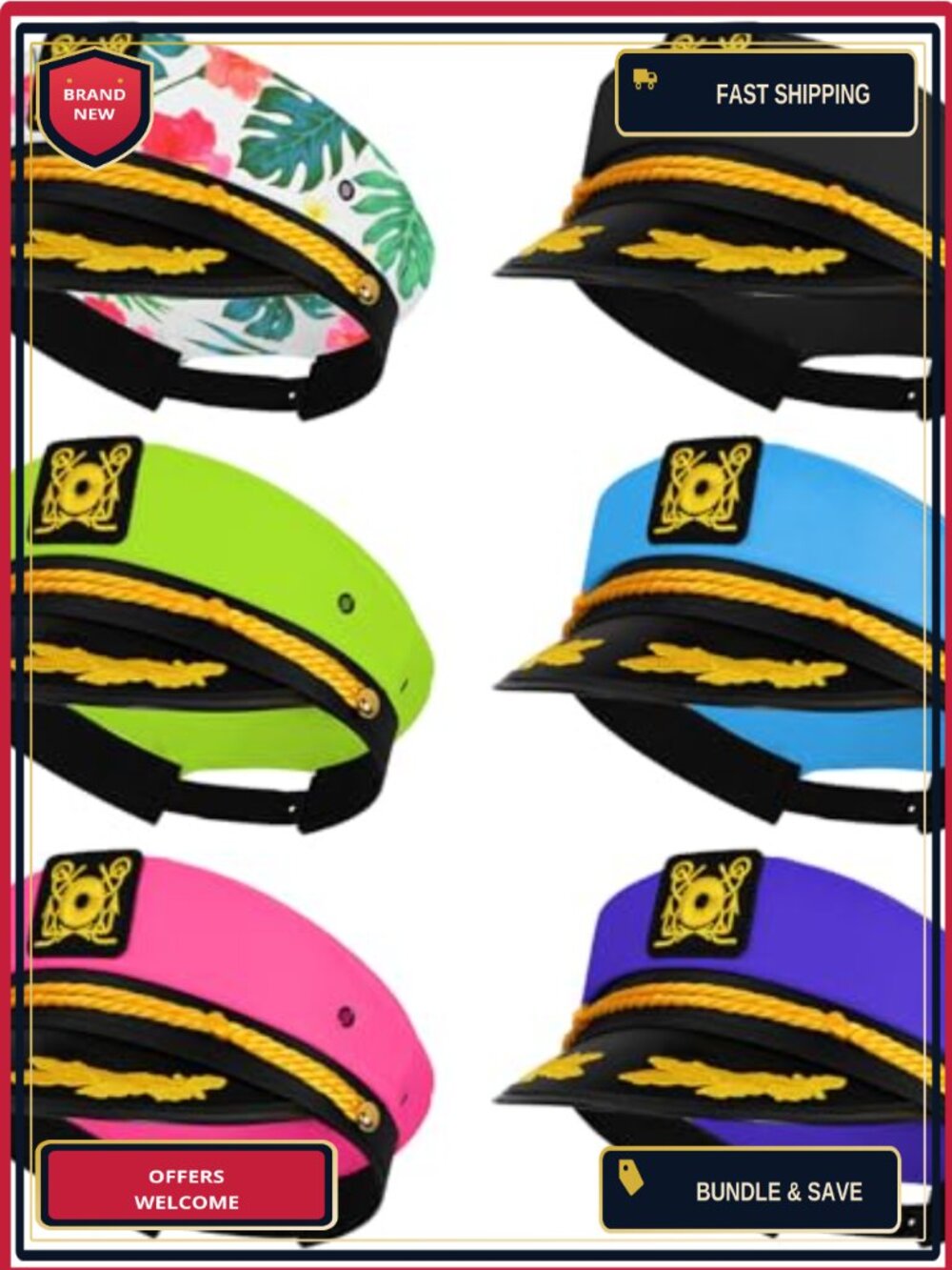 6 Pack Adjustable Captain Sailor Hats Costume Party Nautical